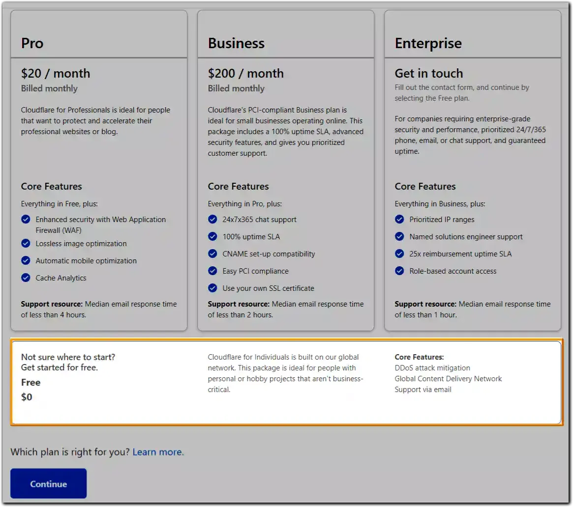 Choose your Plan on cloudflare