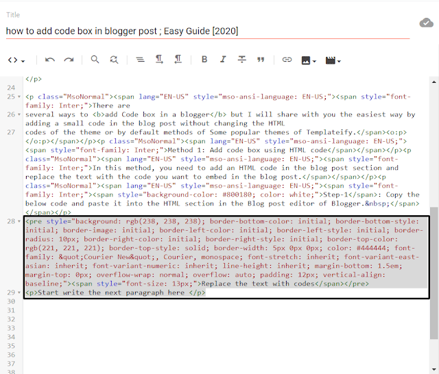 add code box in blogger post by using HTML code