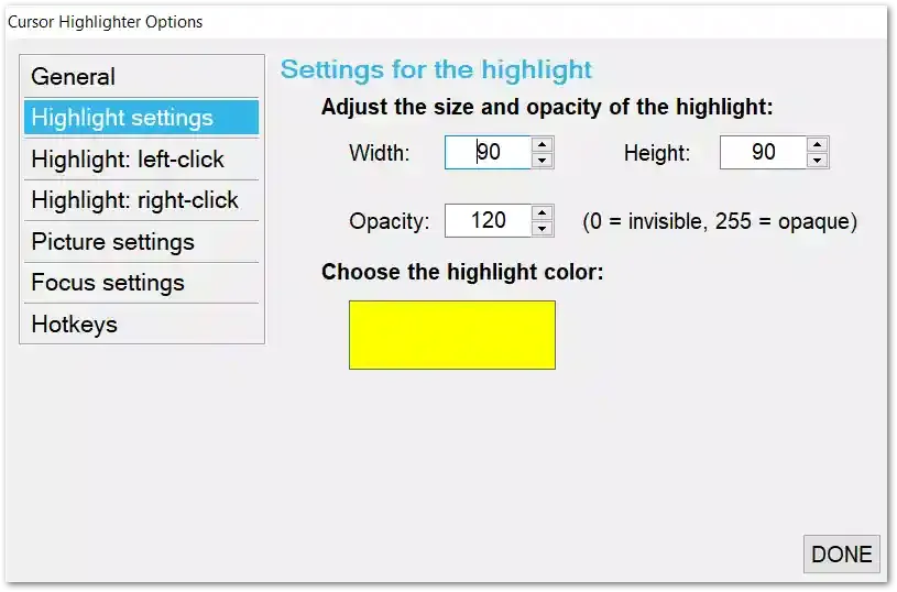 mouse pointer highlighter setting