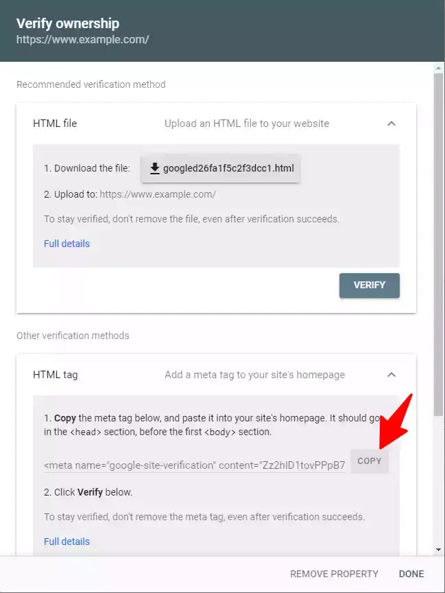 HTML tag verification in Search console