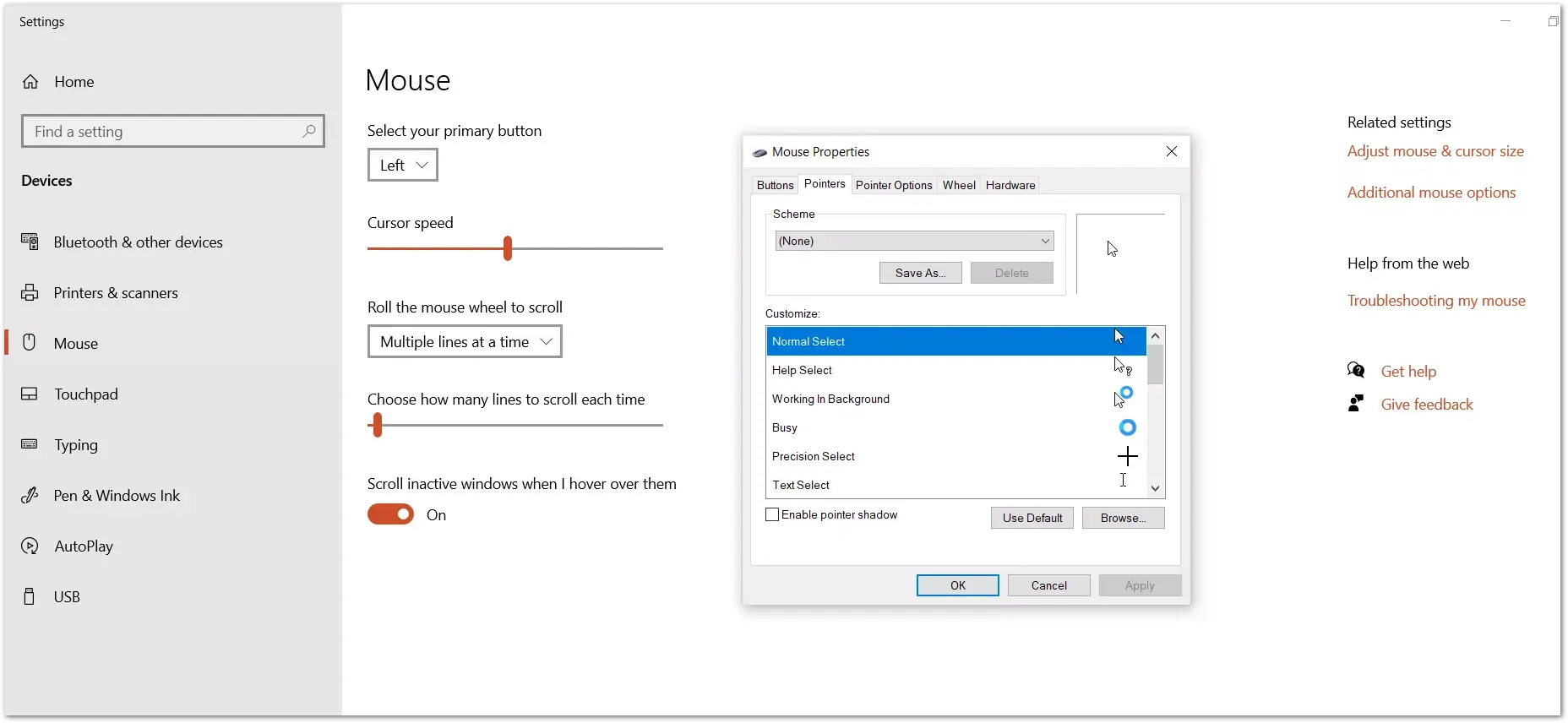 mouse pointer setting in windows