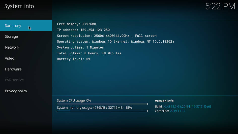 Kodi System Info Summary
