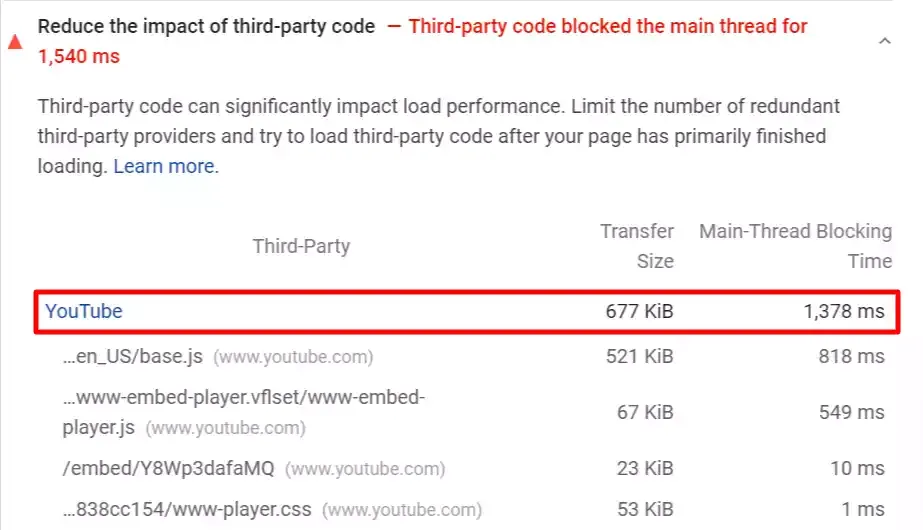 Youttube iframe block main thread (page speed insight report)