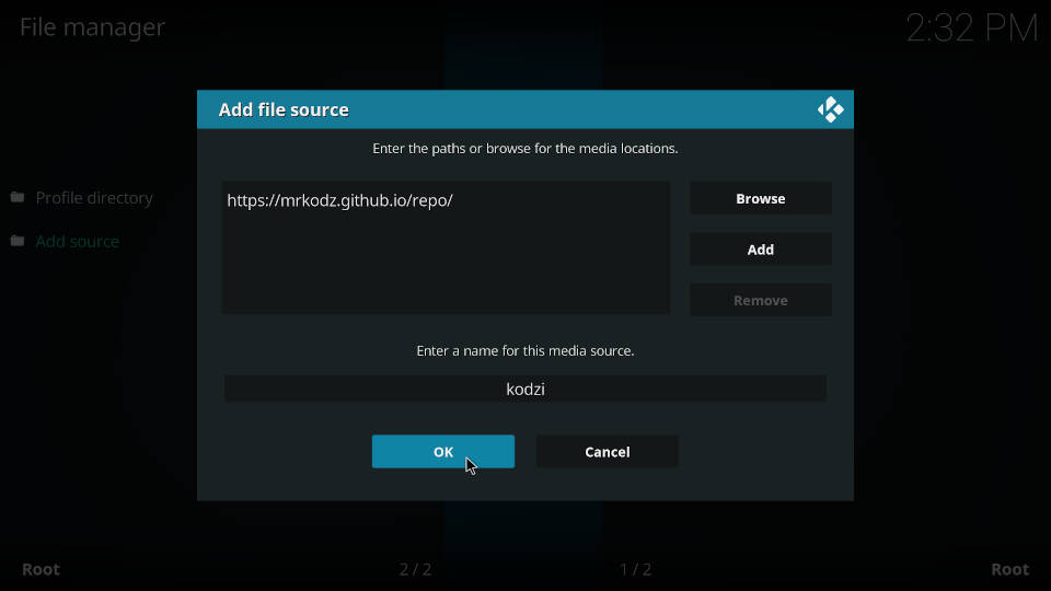 How to add a source in Kodi file manager - Step 7