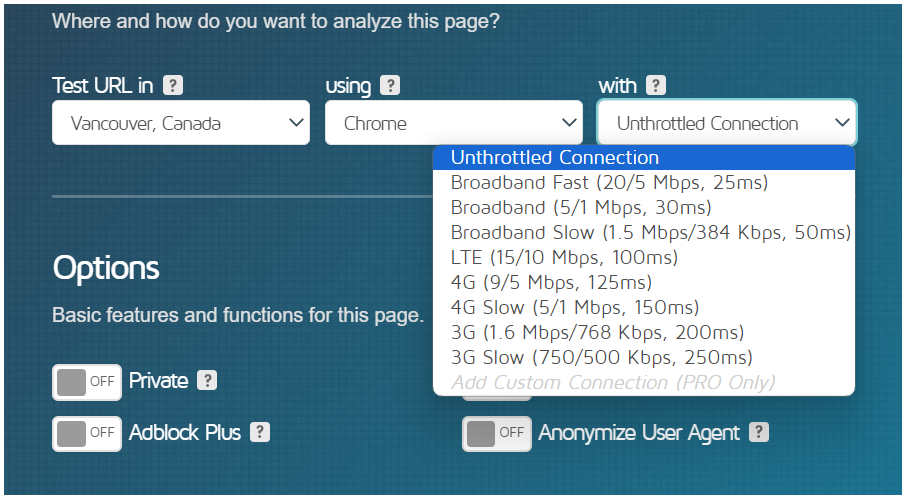 Page speed test customization