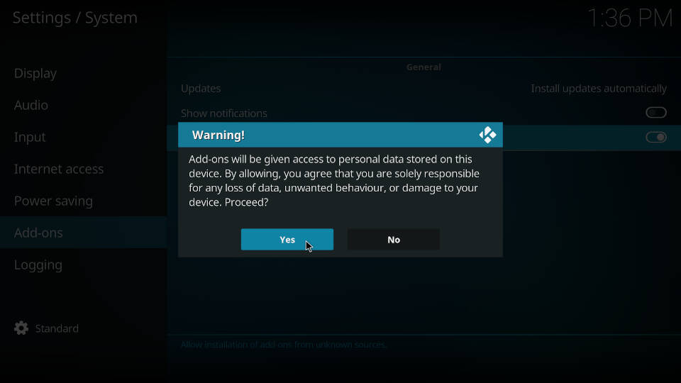 Enable unknown sources on Kodi - Step 4