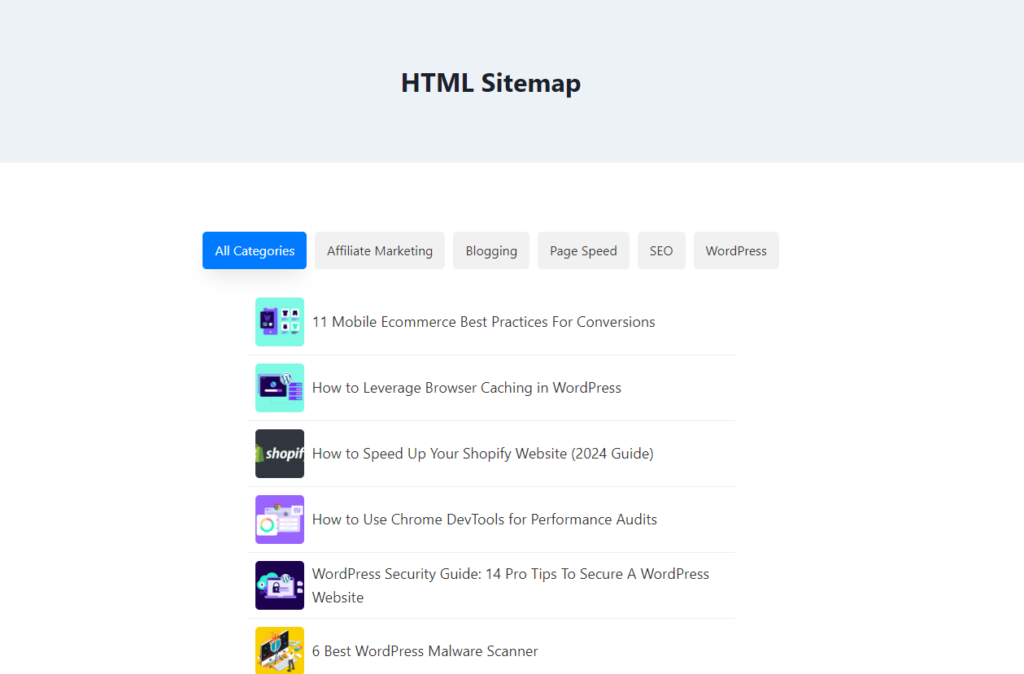 HTML Sitemap With Category filter along with images