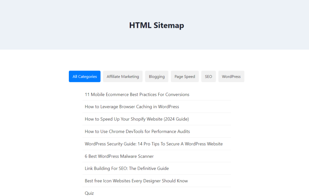 HTML Sitemap With simple category filter